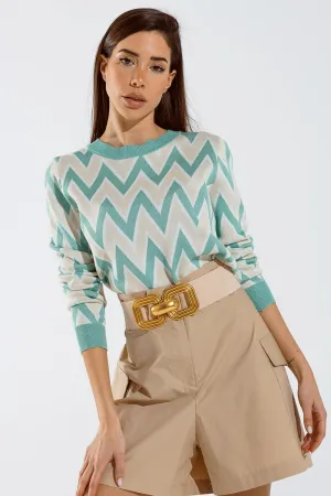 Turquoise  sweater with  zig zag print in Beige  with white details
