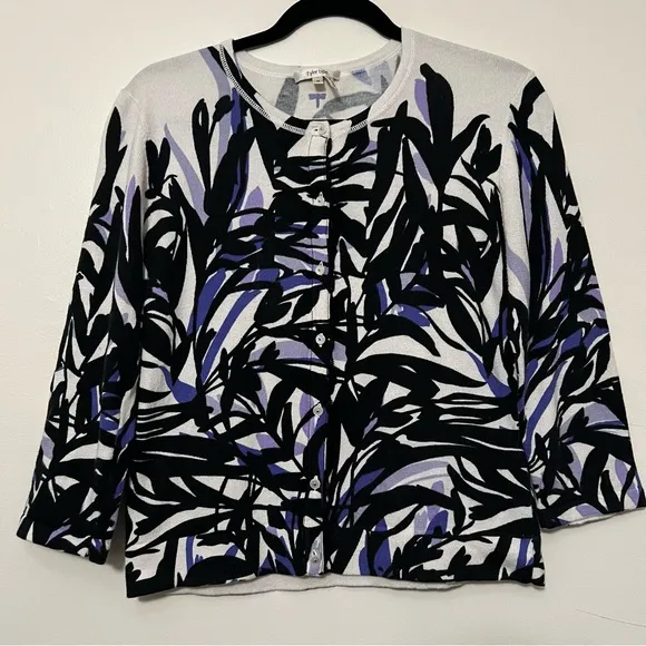 Tyler Böe Cardigan Medium Cotton Silk Blend Purple Black White 3/4 Sleeve