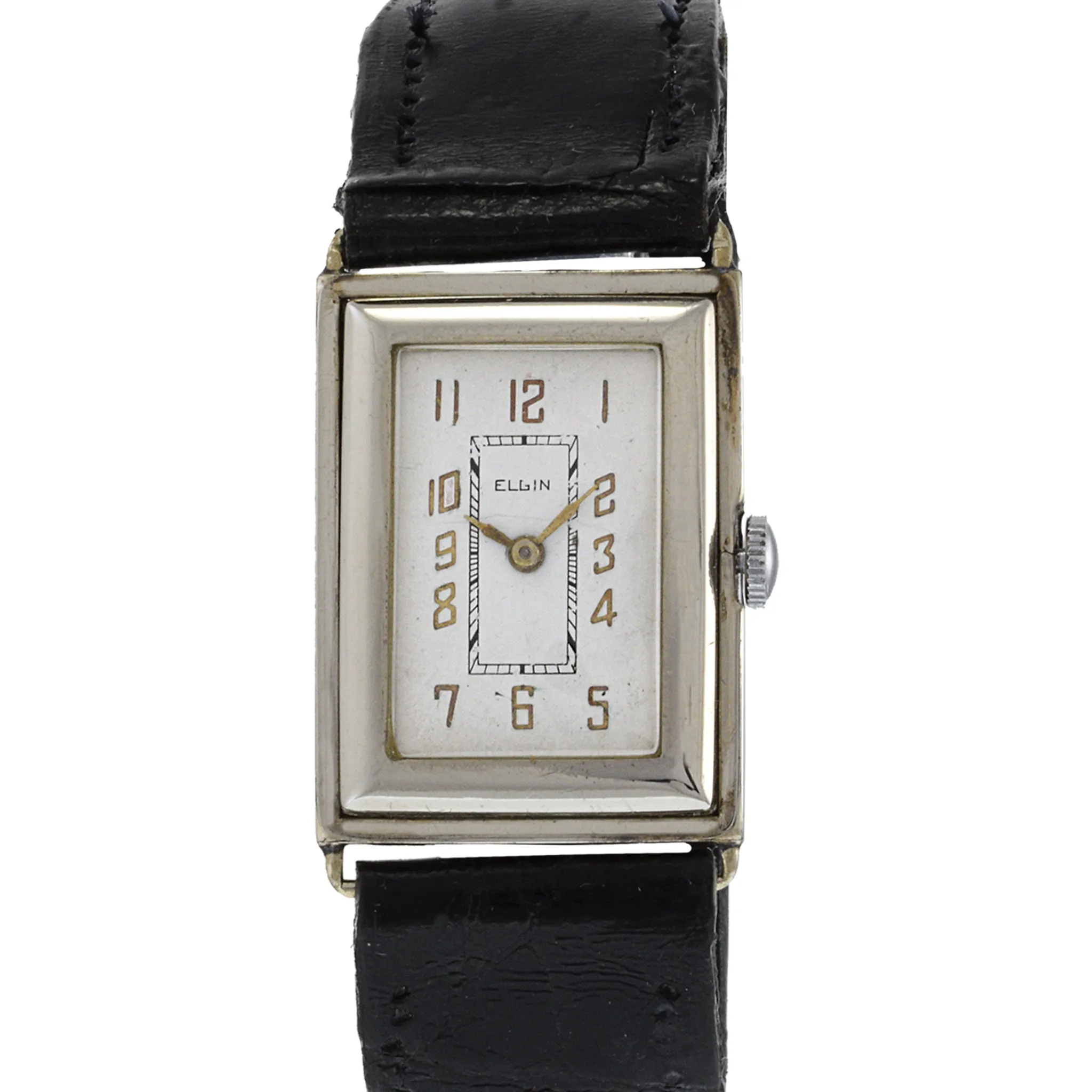Ultra Rare Elgin 14K White Gold Filled Tank Watch Manual Wind