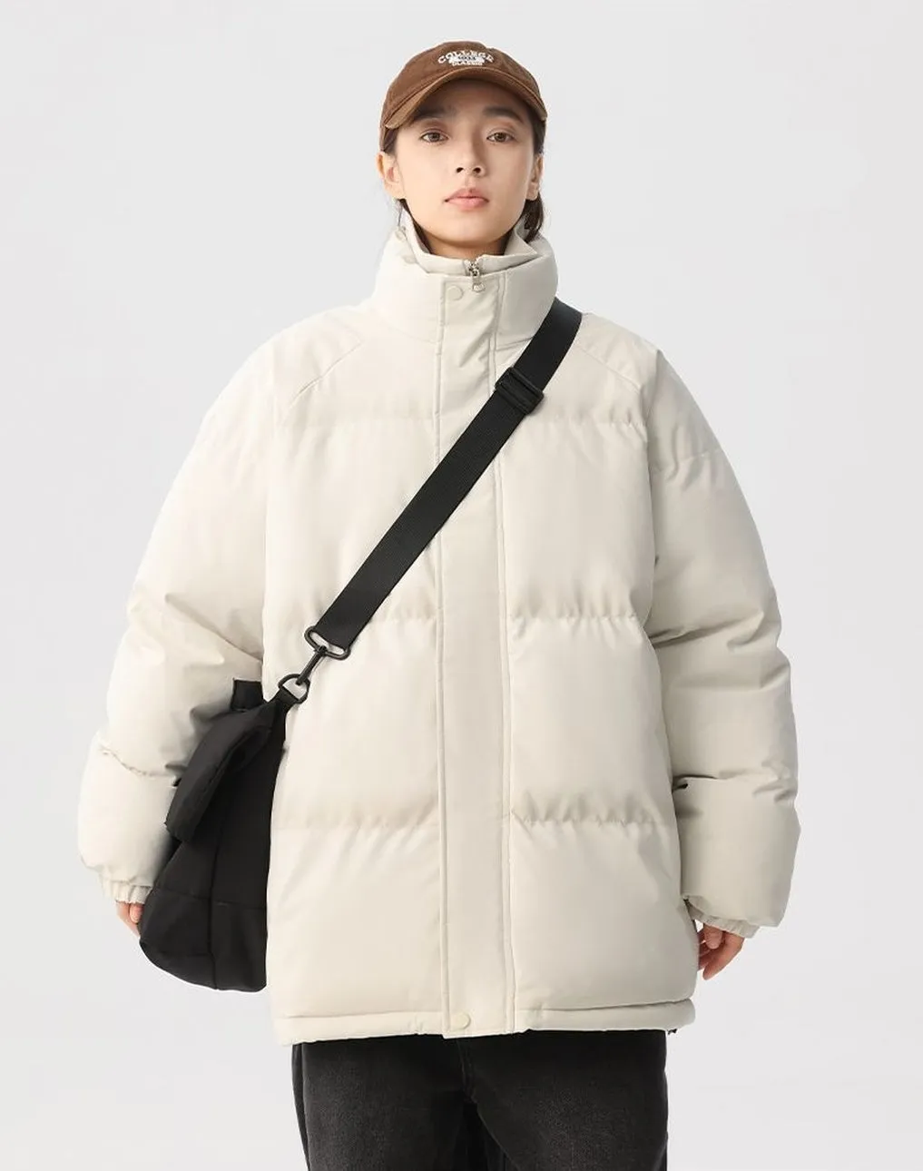 Unisex Thickened Puffer Jacket with Relaxed Fit and Stand-Up Collar