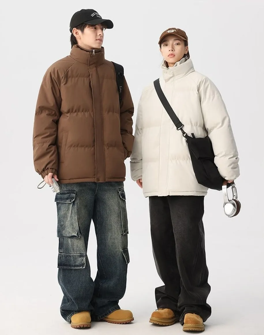 Unisex Thickened Puffer Jacket with Relaxed Fit and Stand-Up Collar