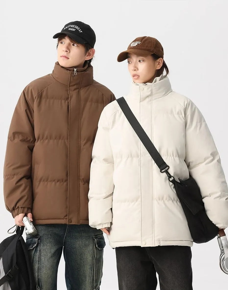 Unisex Thickened Puffer Jacket with Relaxed Fit and Stand-Up Collar