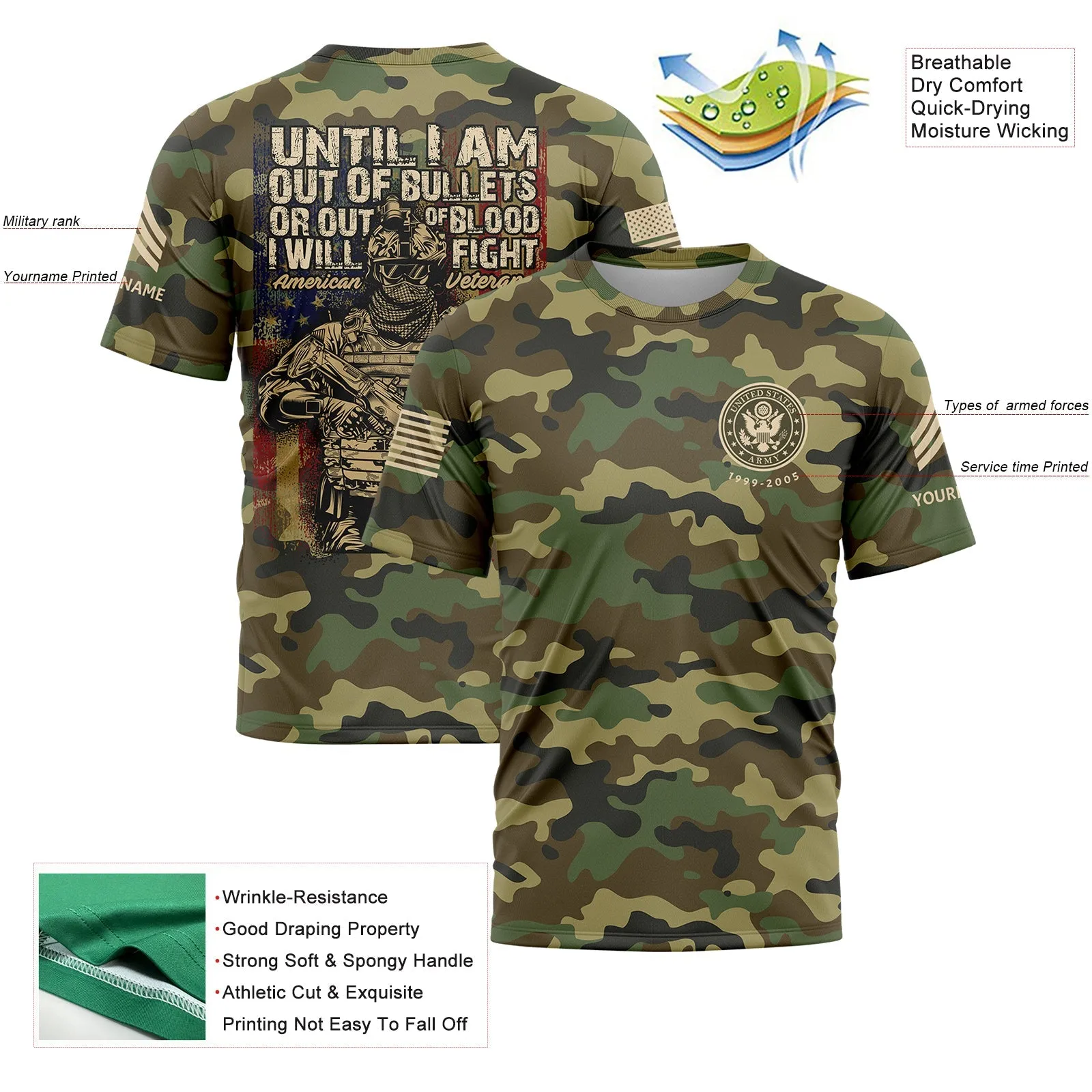 Until I Am Out Of Bullets Or Out Of Blood I Will Fight Custom Camo U.S Army Sergeant Veteran Name T-Shirt