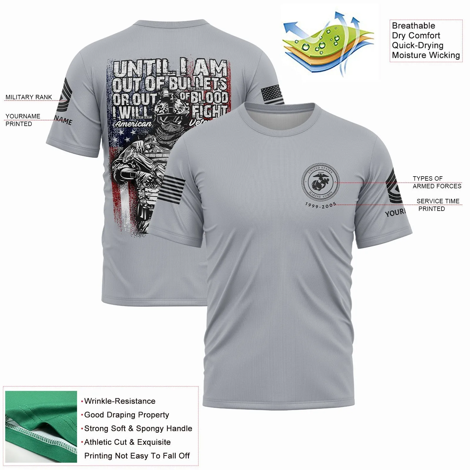 Until I Am Out Of Bullets Or Out Of Blood I Will Fight Custom Grey American Military Rank Veteran Name T-Shirt