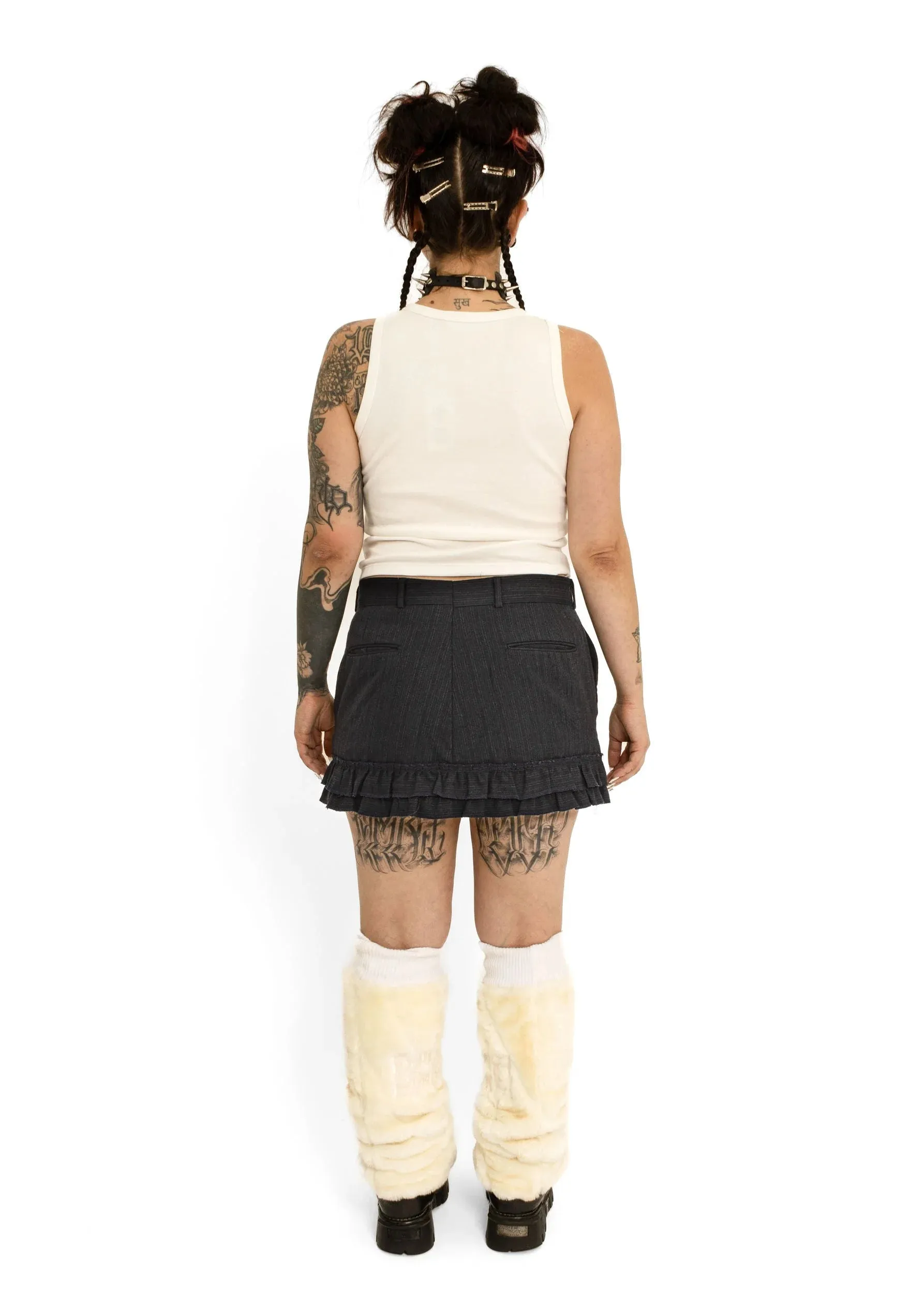 Upcycled suiting ruffle trim mini skirt
