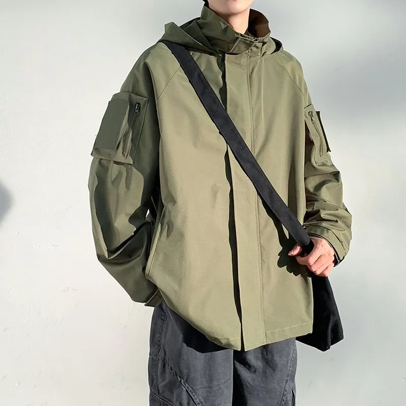 Versatile Men's Raincoat with Bellows Pocket and Hood