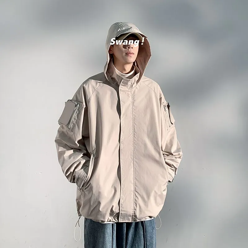 Versatile Men's Raincoat with Bellows Pocket and Hood