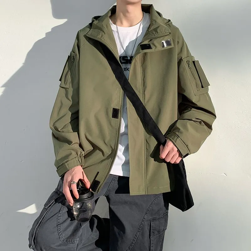 Versatile Men's Raincoat with Bellows Pocket and Hood