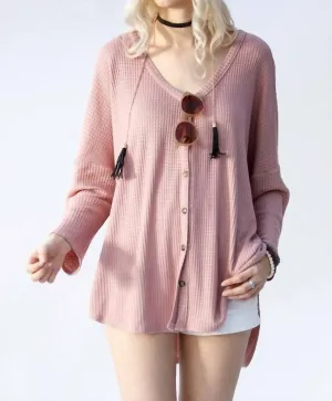 Waffle Knit Long Sleeve Top In Pink