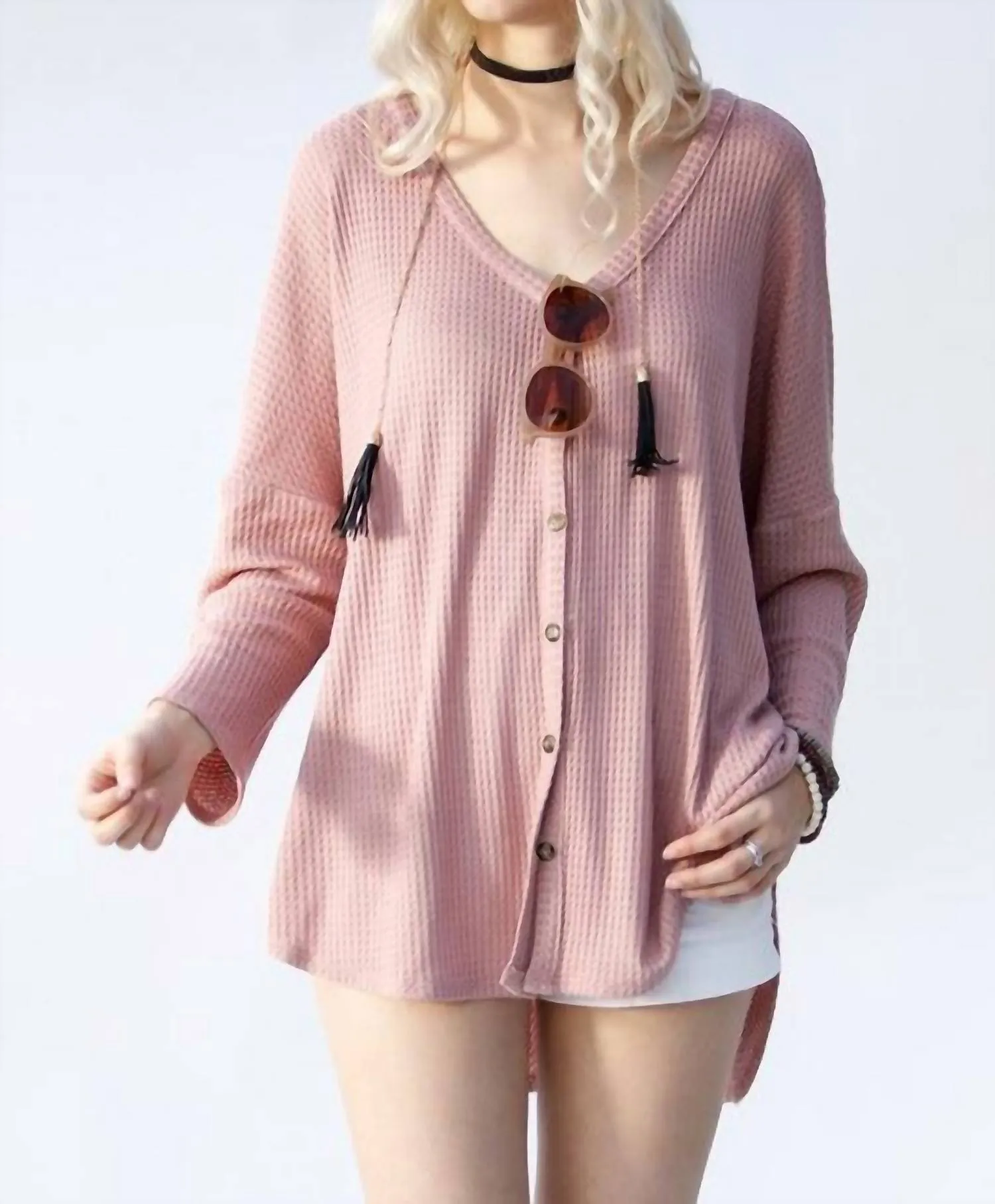 Waffle Knit Long Sleeve Top In Pink