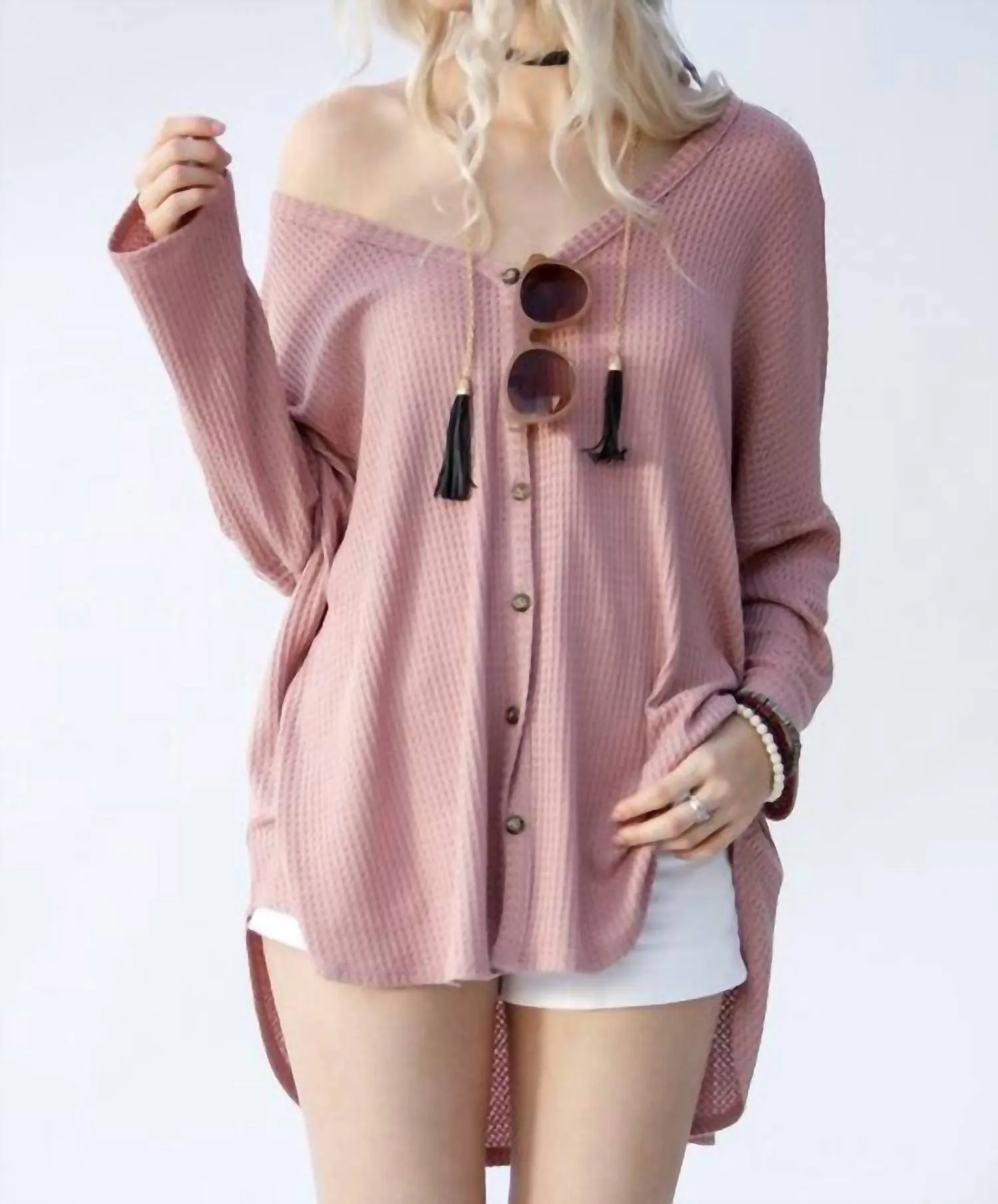 Waffle Knit Long Sleeve Top In Pink