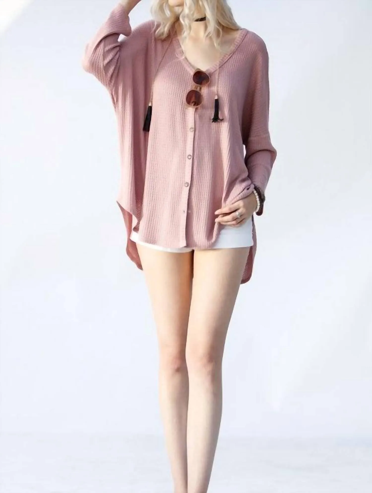 Waffle Knit Long Sleeve Top In Pink