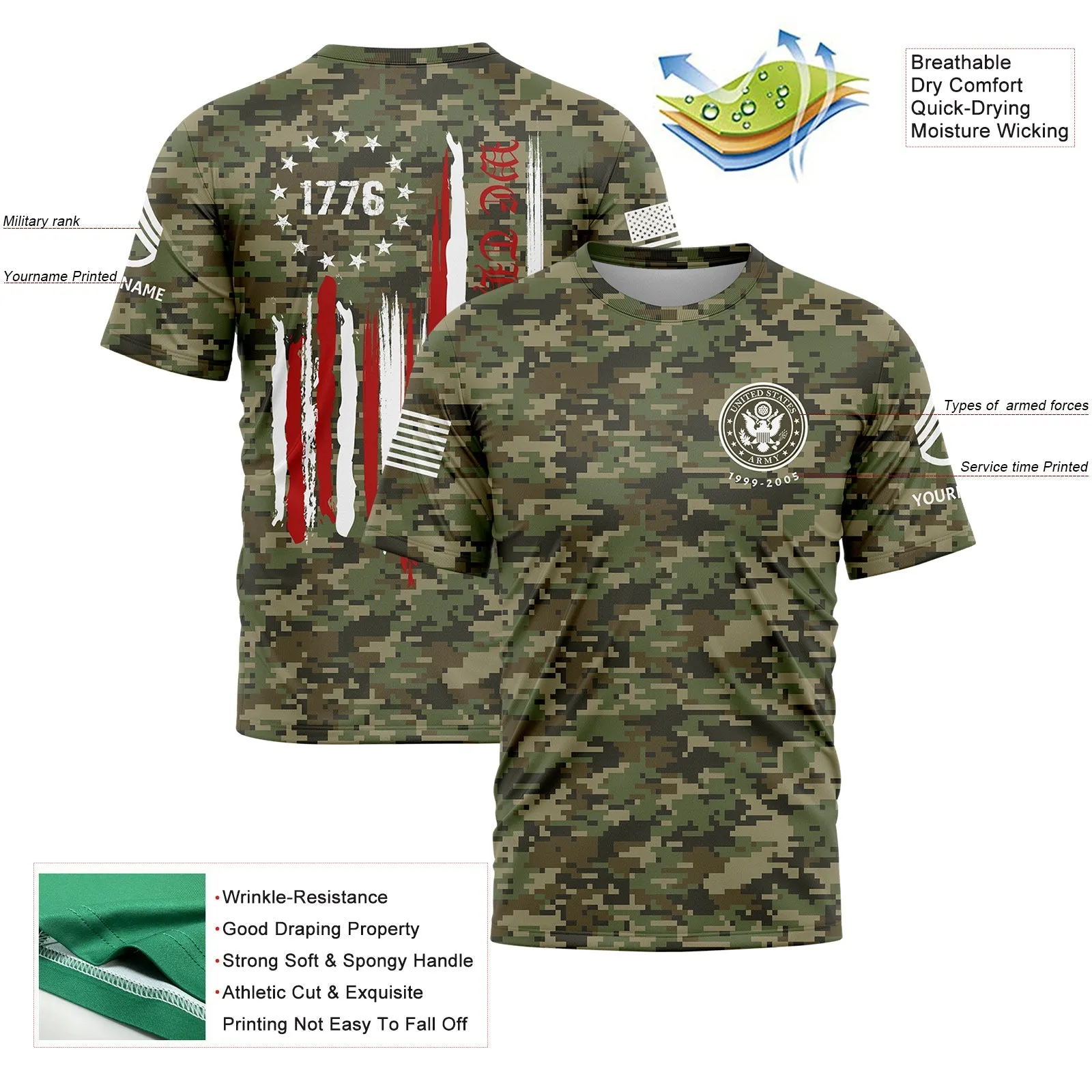 We The People Freedom Custom Camo 1776 American Flag Military Rank Staff sergeant Veteran Name T-Shirt