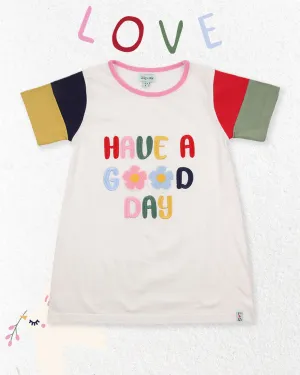 White Have a Good Day Slogan Applique Dress