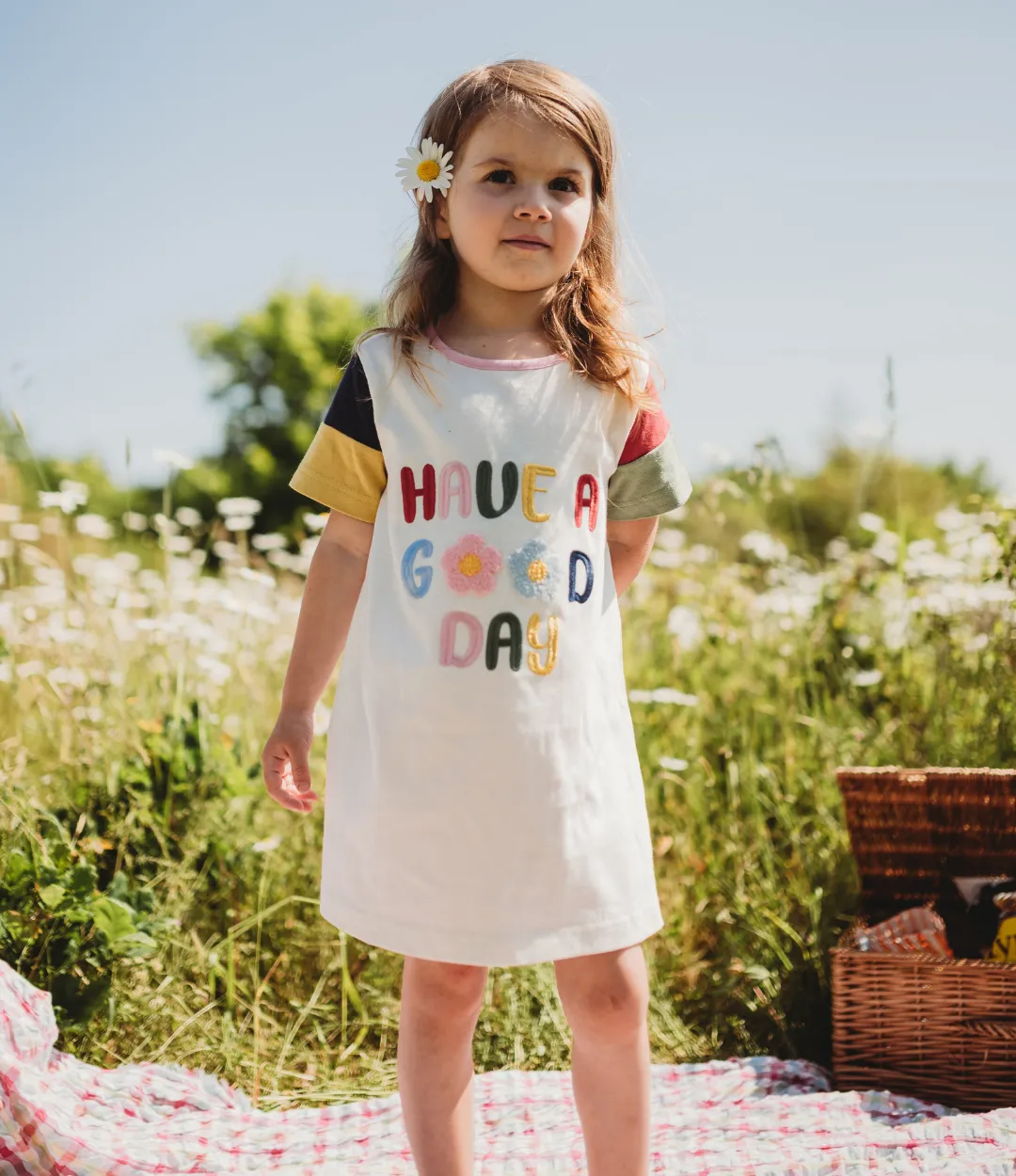 White Have a Good Day Slogan Applique Dress
