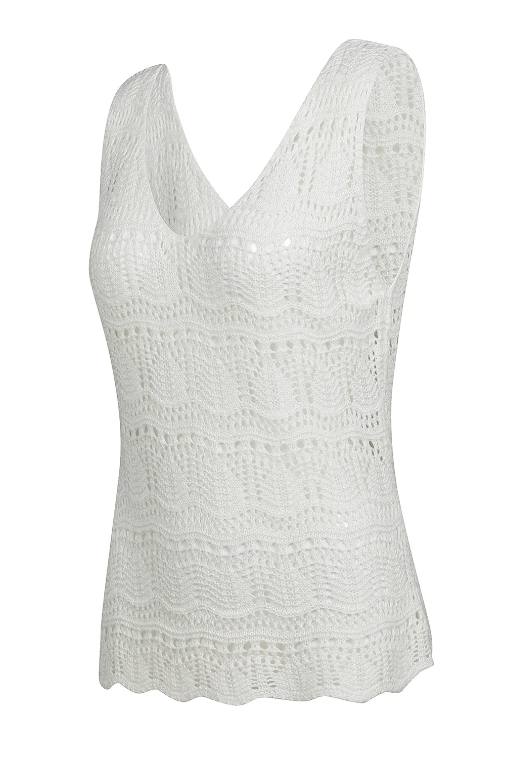 White V Neck Textured Hollow-out Sweater Vest