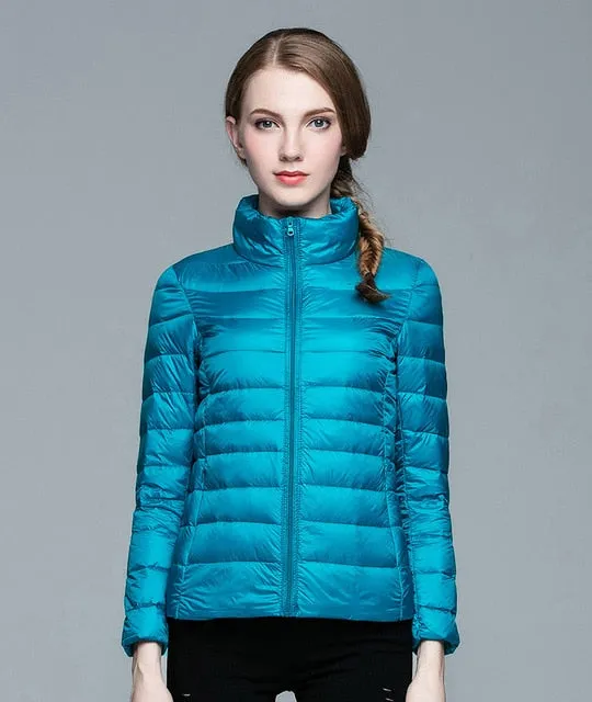 Winter Women  Stand Collar 90% White Duck Down Jacket Female Ultra Light Down Jackets Slim Long Sleeve Parkas Candy Color Fashio
