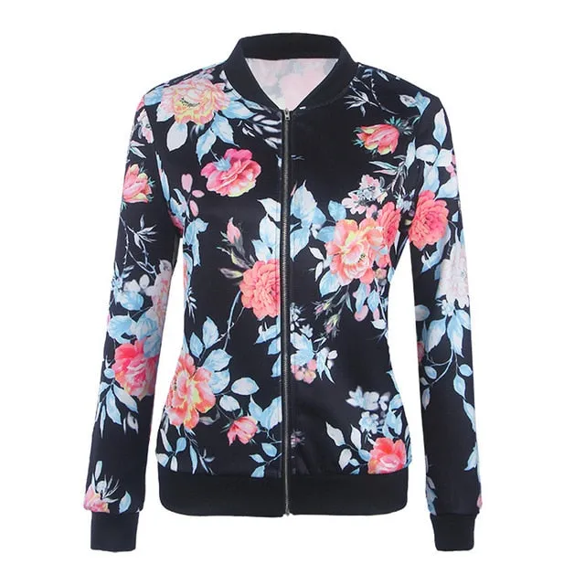 Women Retro Flower Floral Print Jacket Zipper Bomber Collar Slim Coat Casual Outwear Female Autumn Spring Jacket Fashion Ladies