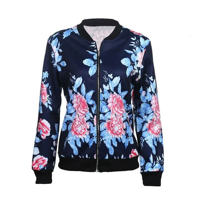 Women Retro Flower Floral Print Jacket Zipper Bomber Collar Slim Coat Casual Outwear Female Autumn Spring Jacket Fashion Ladies