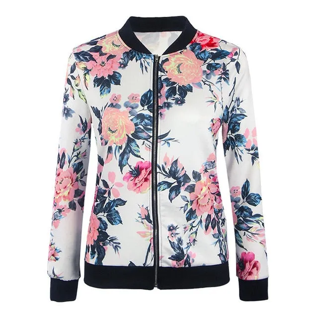 Women Retro Flower Floral Print Jacket Zipper Bomber Collar Slim Coat Casual Outwear Female Autumn Spring Jacket Fashion Ladies