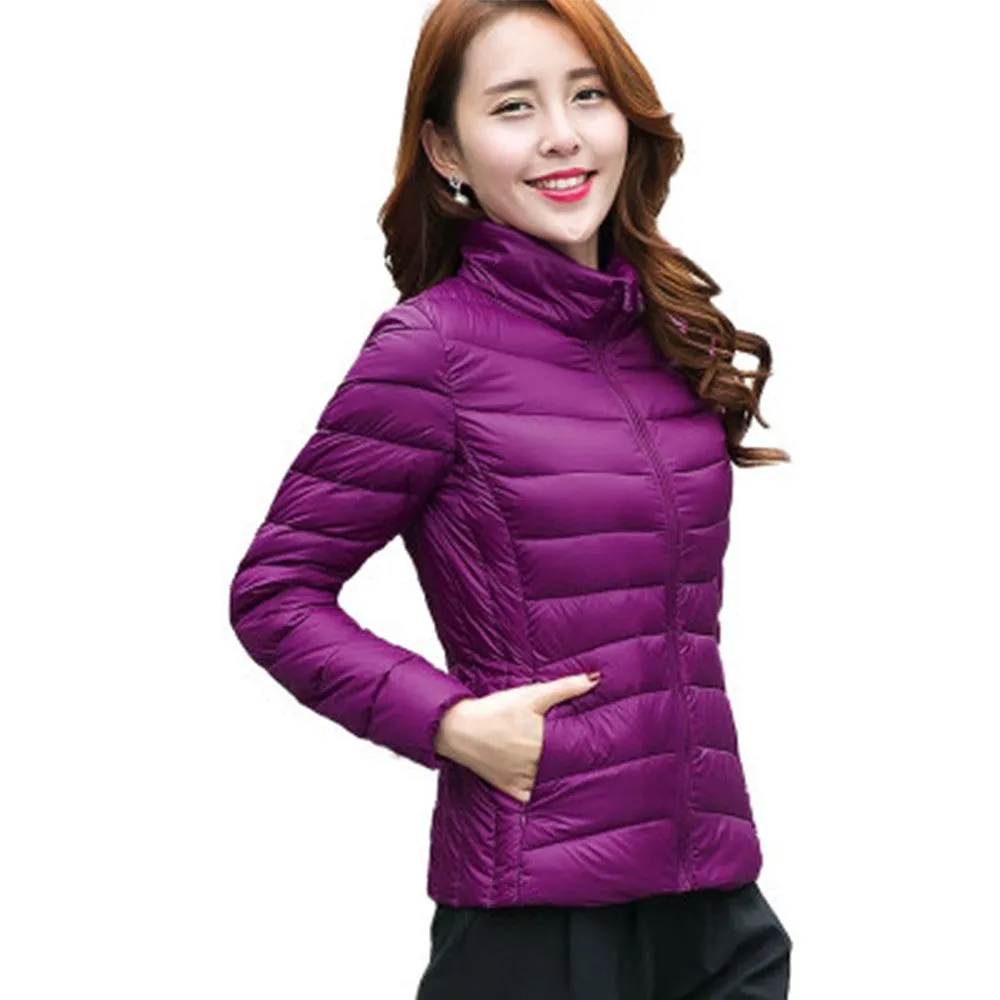 Women Ultra Light Down Jacket Winter Duck Down Jackets Women Slim Long Sleeve Parka Zipper Coats Pockets Solid