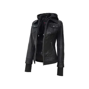 Women™s Black Leather Bomber Jacket - Genuine Leather, Zip Closure, Removable Hood
