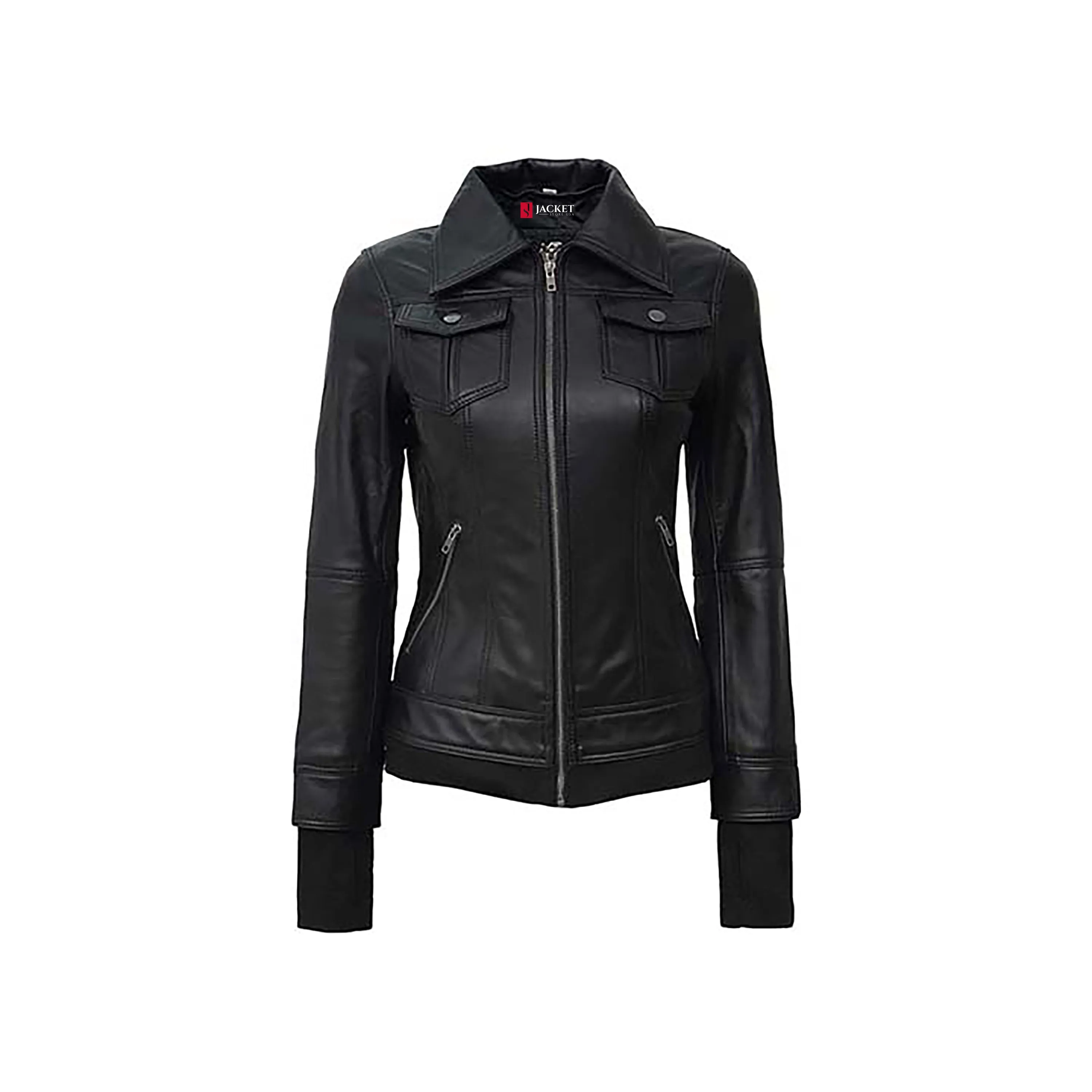 Women™s Black Leather Bomber Jacket - Genuine Leather, Zip Closure, Removable Hood