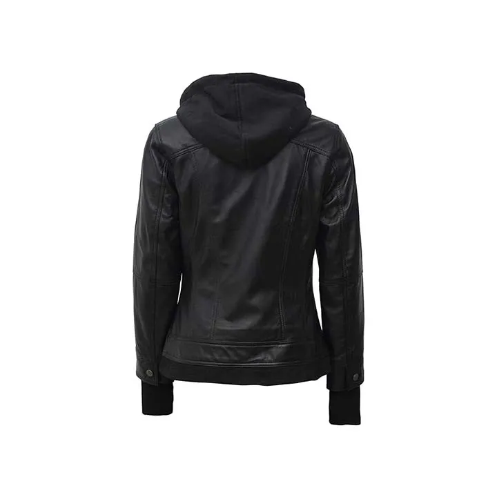 Women™s Black Leather Bomber Jacket - Genuine Leather, Zip Closure, Removable Hood