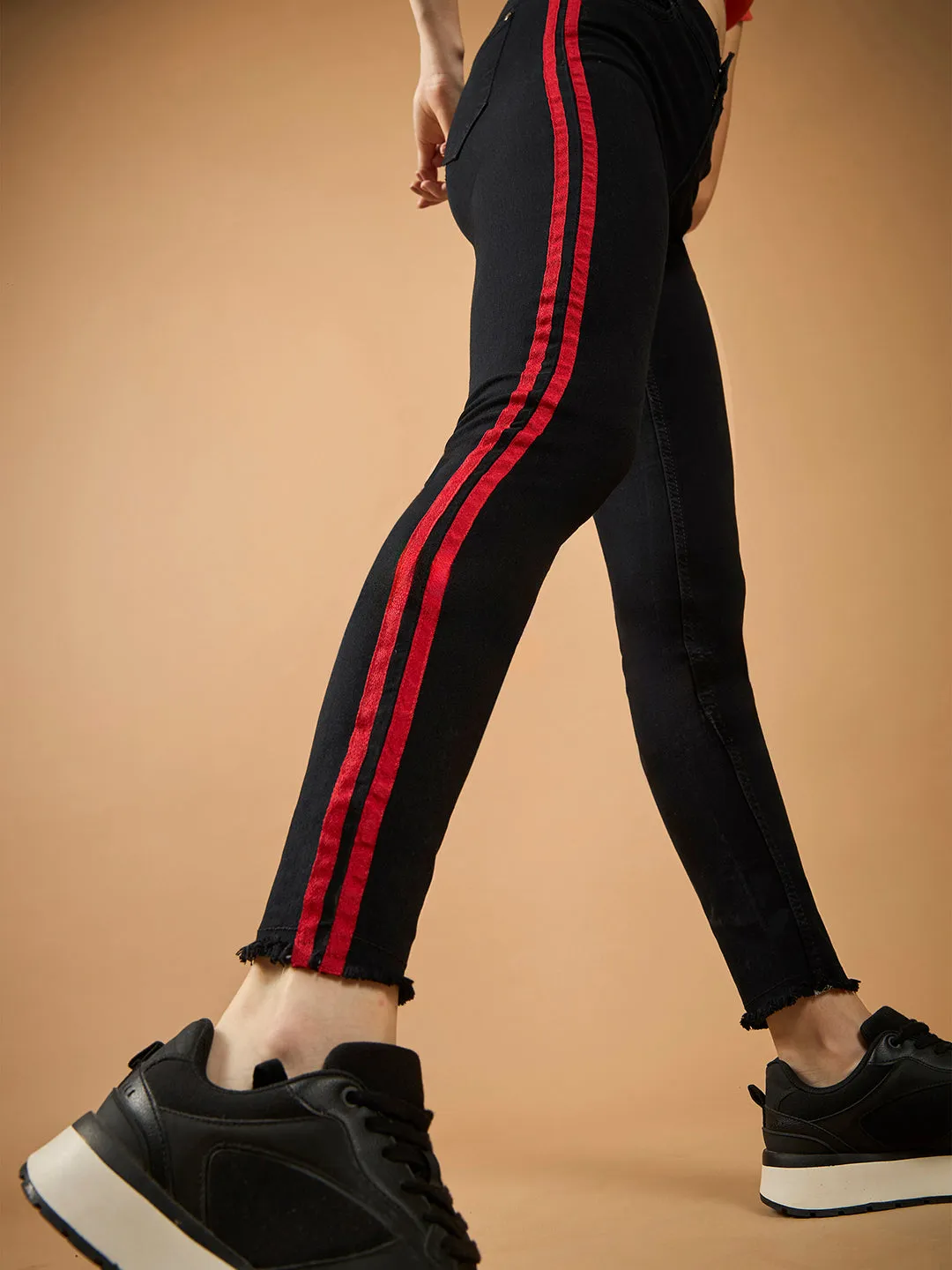 Women's Black Slim Fit High-Rise Clean-Look Regular-Length twill Tape Detailing Stretchable Denim Jeans