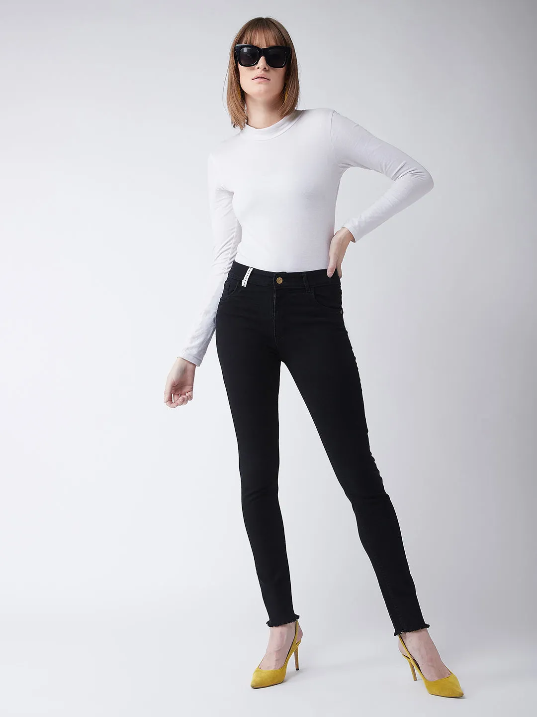 Women's Black Slim-Fit High-Rise with Tape Detailing Stretchable Denim Jeans