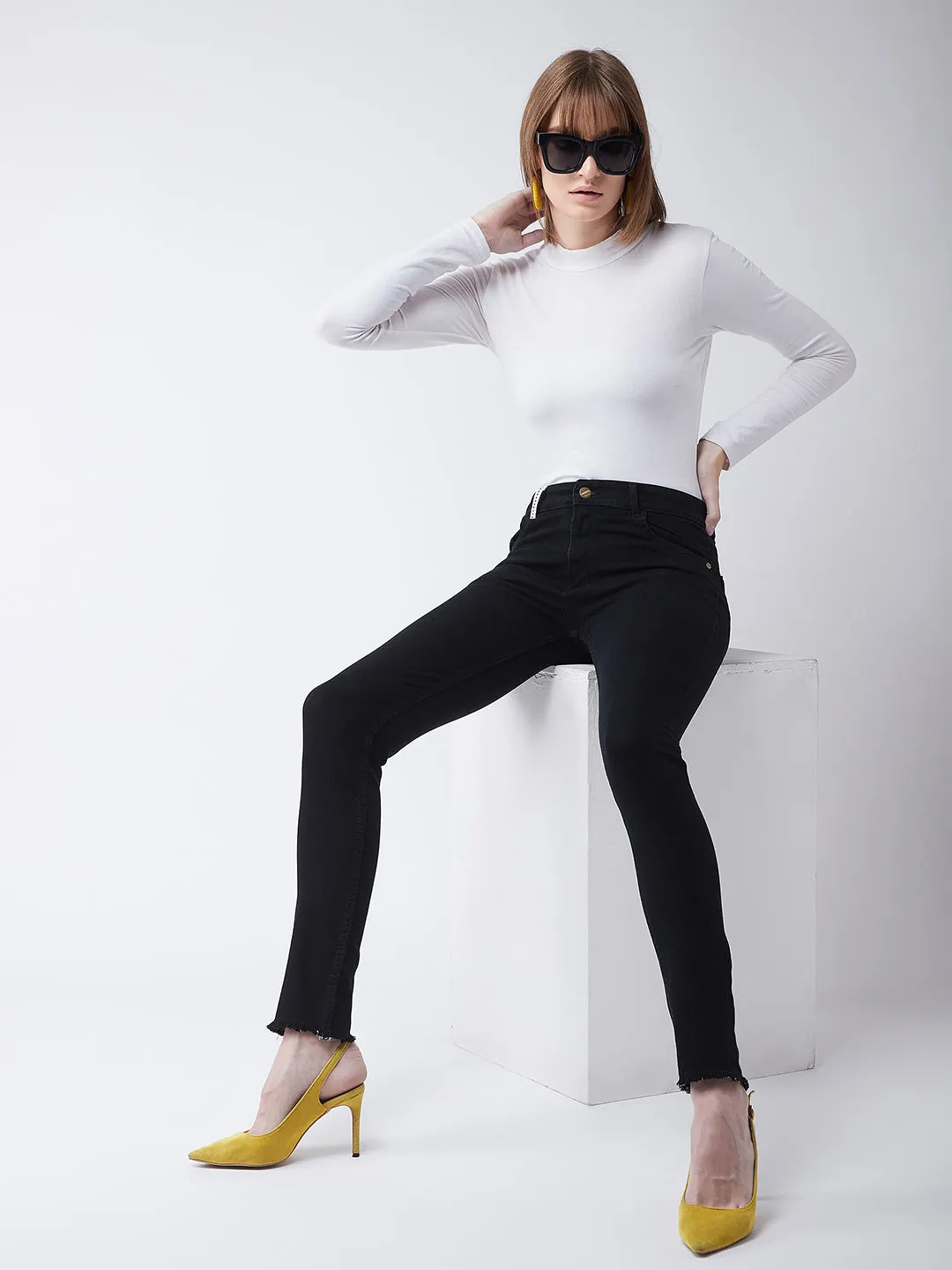 Women's Black Slim-Fit High-Rise with Tape Detailing Stretchable Denim Jeans