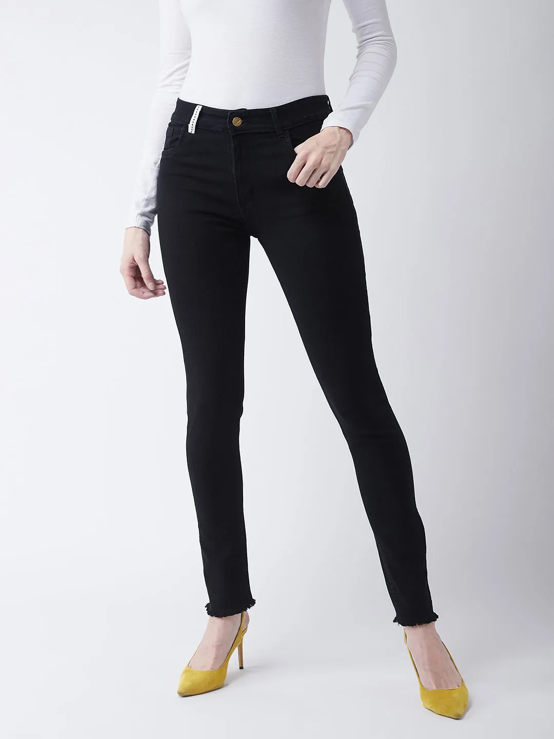 Women's Black Slim-Fit High-Rise with Tape Detailing Stretchable Denim Jeans