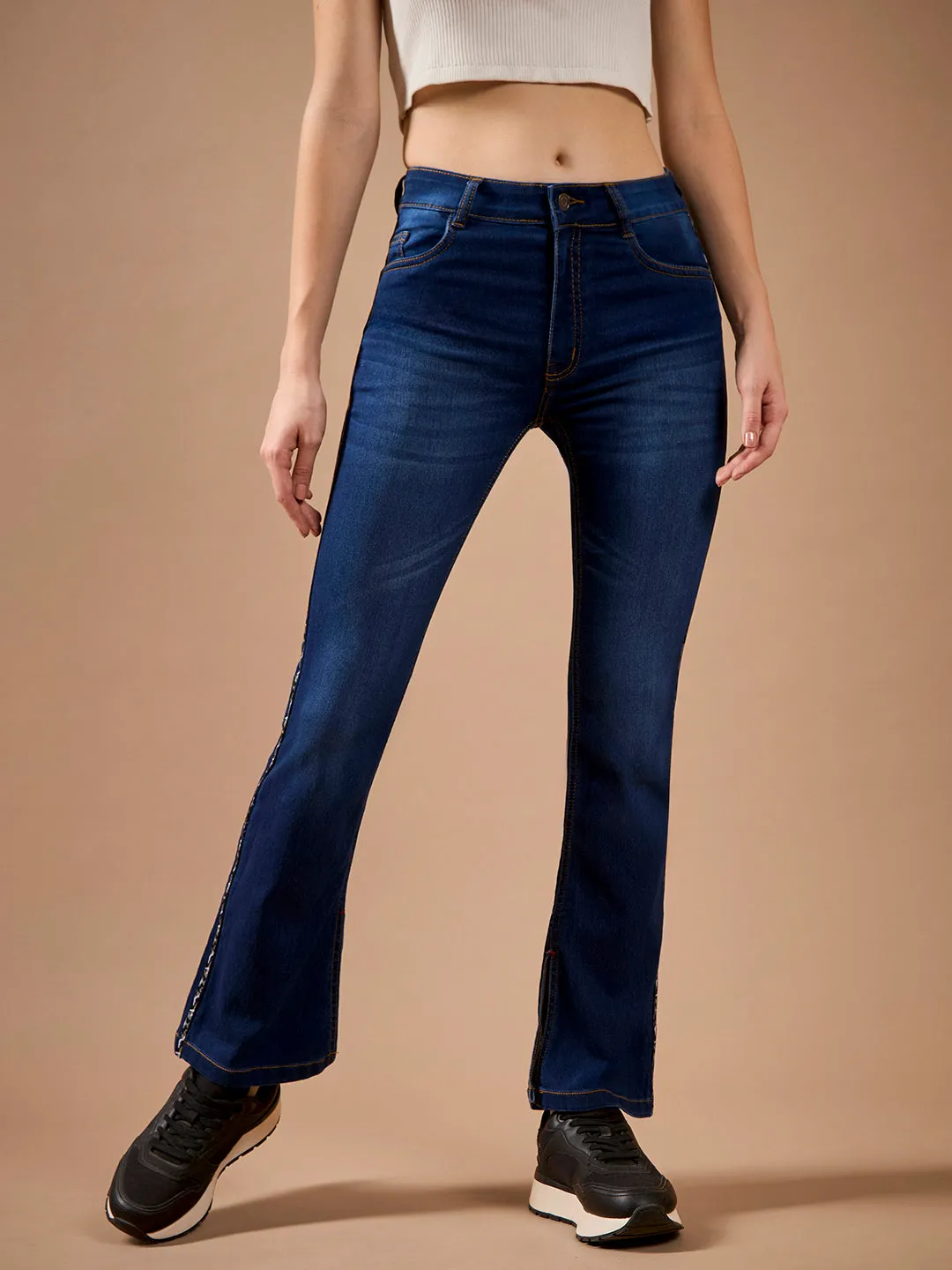 Women's Blue Cotton Bootcut Fit & Flared Mid-Rise Stretchable Denim Jeans