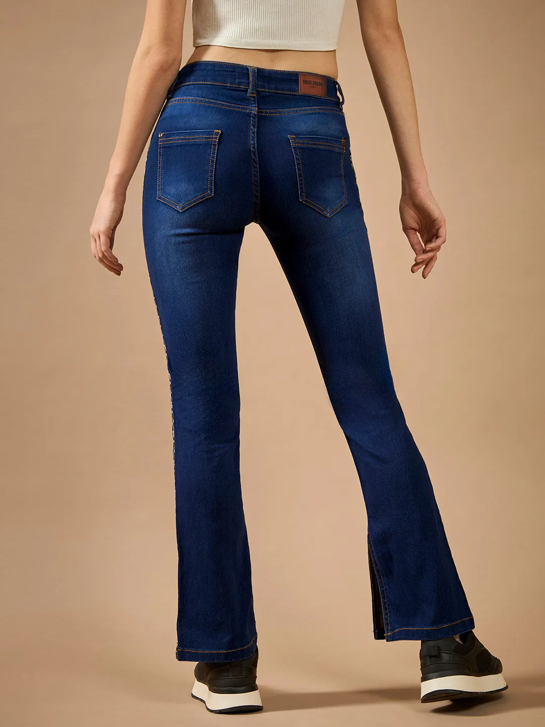Women's Blue Cotton Bootcut Fit & Flared Mid-Rise Stretchable Denim Jeans