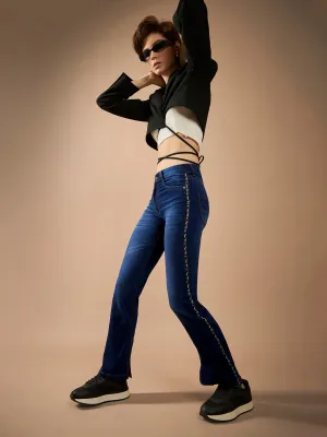 Women's Blue Cotton Bootcut Fit & Flared Mid-Rise Stretchable Denim Jeans