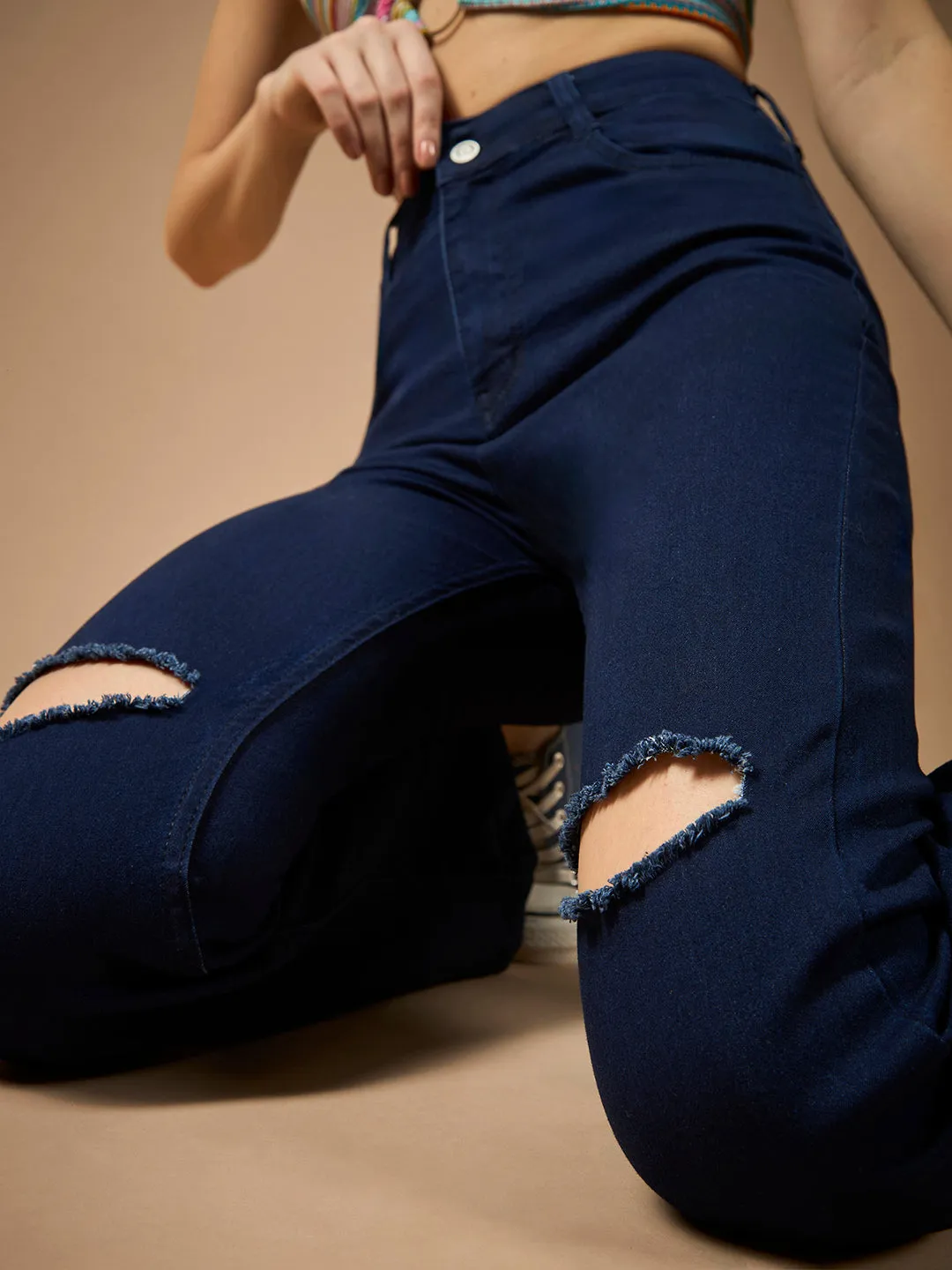 Women's Navy Blue Bootcut High-Rise Clean-Look Regular Stretchable Denim Jeans