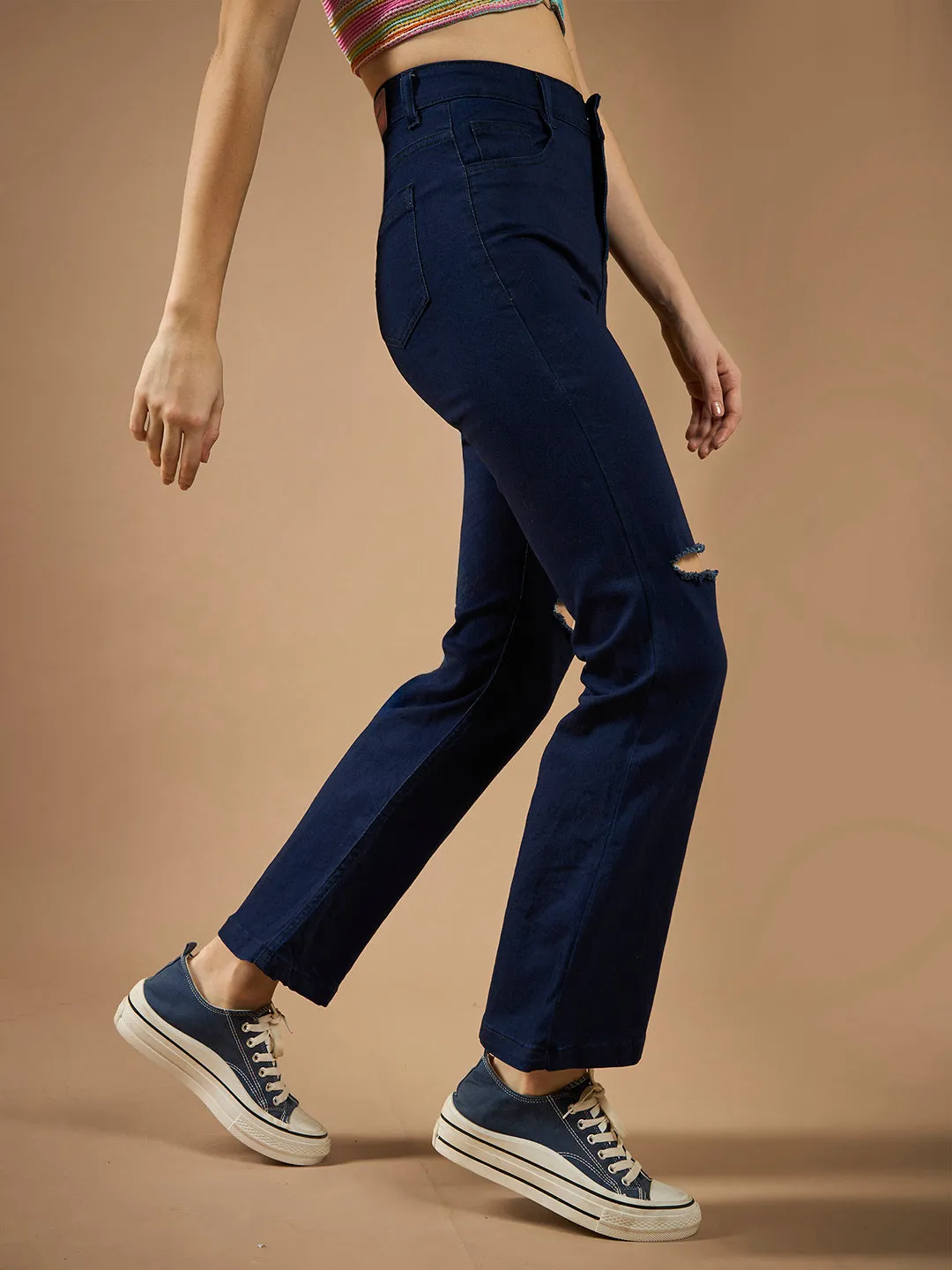 Women's Navy Blue Bootcut High-Rise Clean-Look Regular Stretchable Denim Jeans