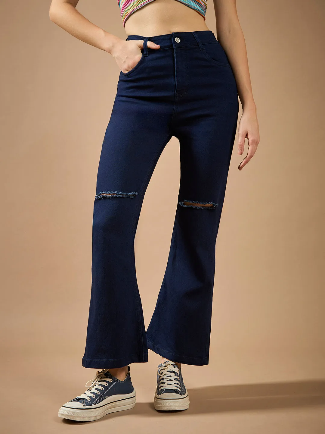Women's Navy Blue Bootcut High-Rise Clean-Look Regular Stretchable Denim Jeans