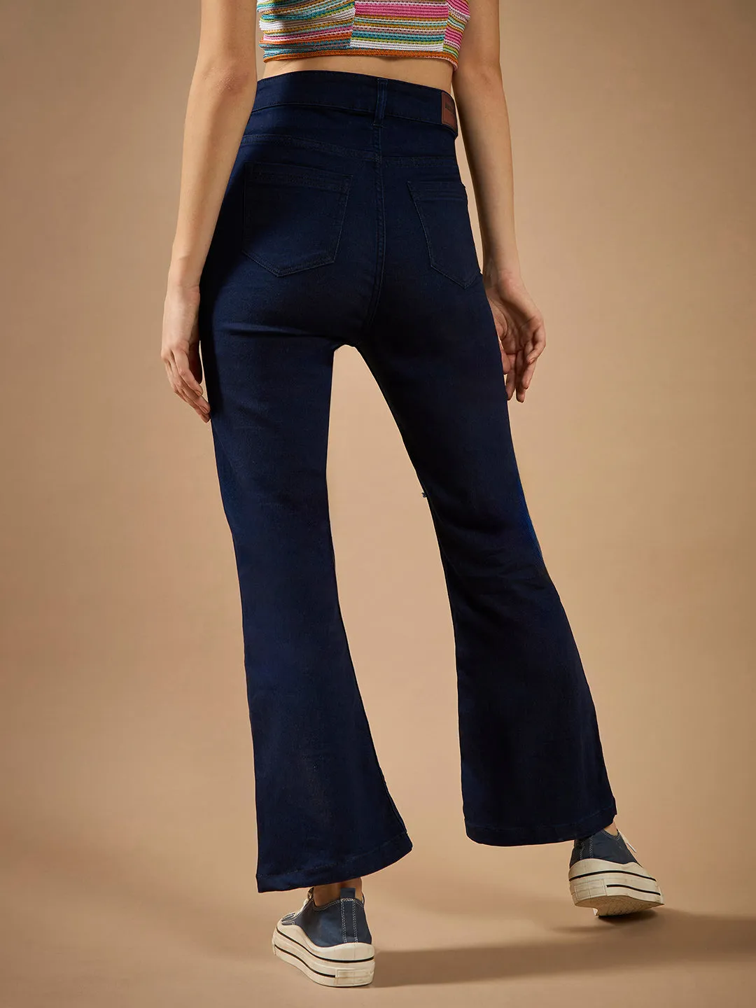 Women's Navy Blue Bootcut High-Rise Clean-Look Regular Stretchable Denim Jeans