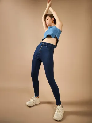 Women's Navy-Blue Skinny High-Rise Clean-Look Solid Fringed Hemline Cropped Stretchable Denim Jeans