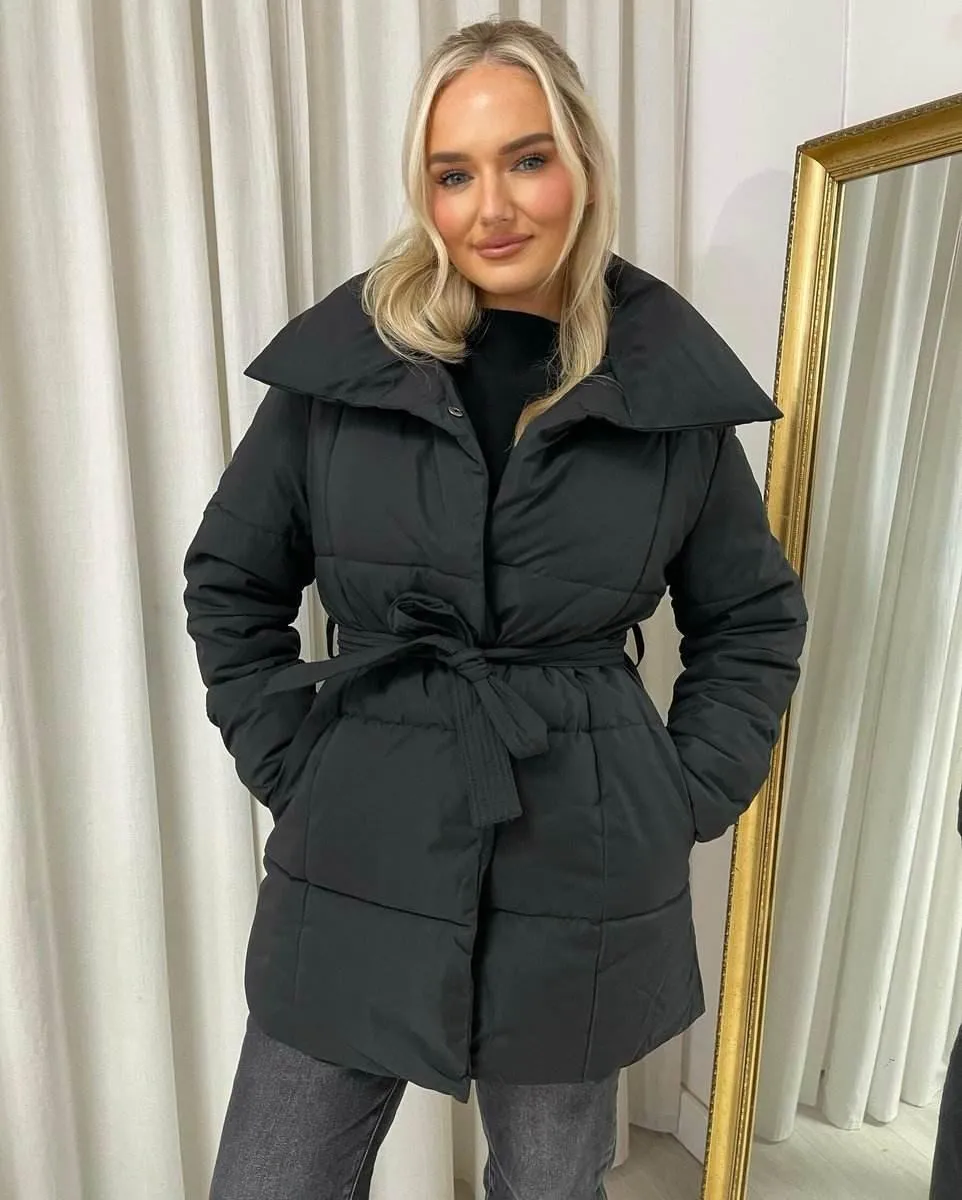 Womens Padded Puffer Belted Winter Jacket