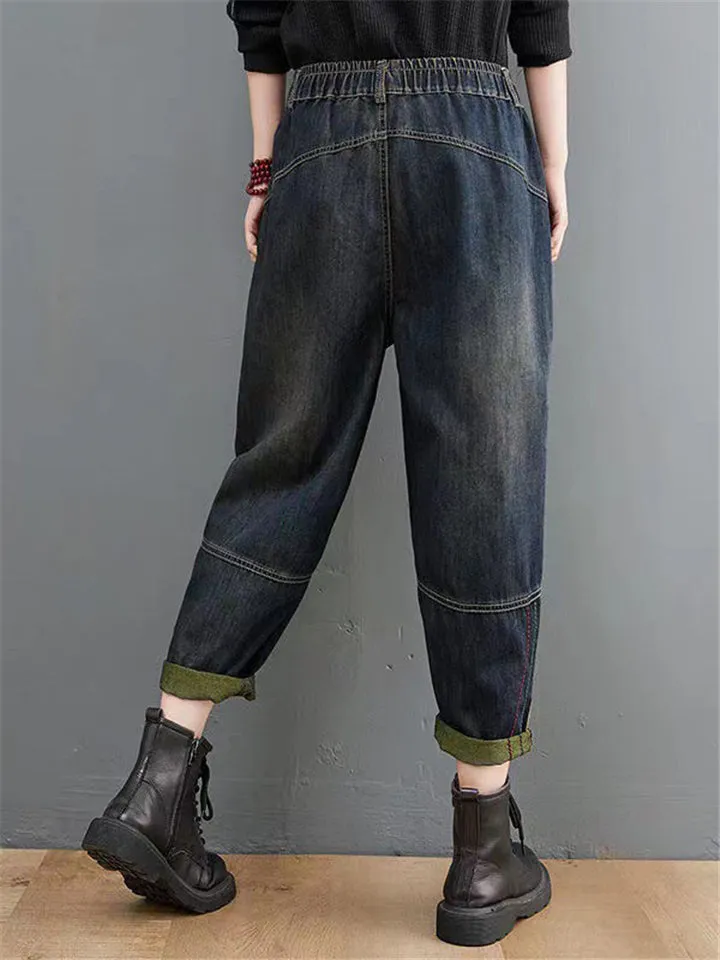 Women's Retro Patchwork Design Harem Denim Pants