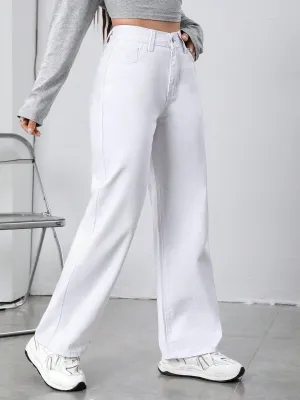 Women's White Straight High-Rise Clean-Look Regular-Length Stretchable Denim Jeans