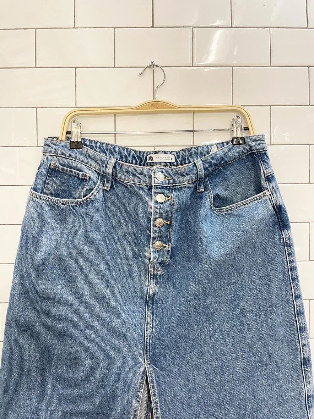 zara double slit denim midi skirt