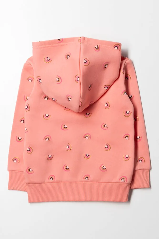Zip Through Rainbow Hoodie Peach