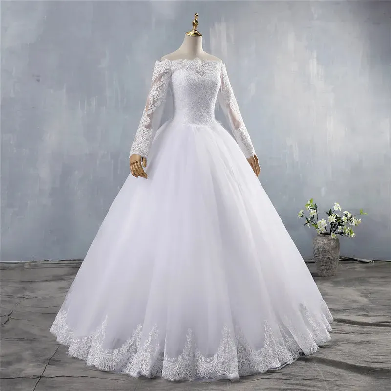 ZJ9151 Sexy High Quality Wedding Dress  Ball Gown Elegant White Ivory Long Sleeve Bride Dresses Lace Bottom