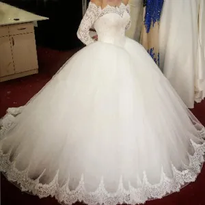 ZJ9151 Sexy High Quality Wedding Dress  Ball Gown Elegant White Ivory Long Sleeve Bride Dresses Lace Bottom