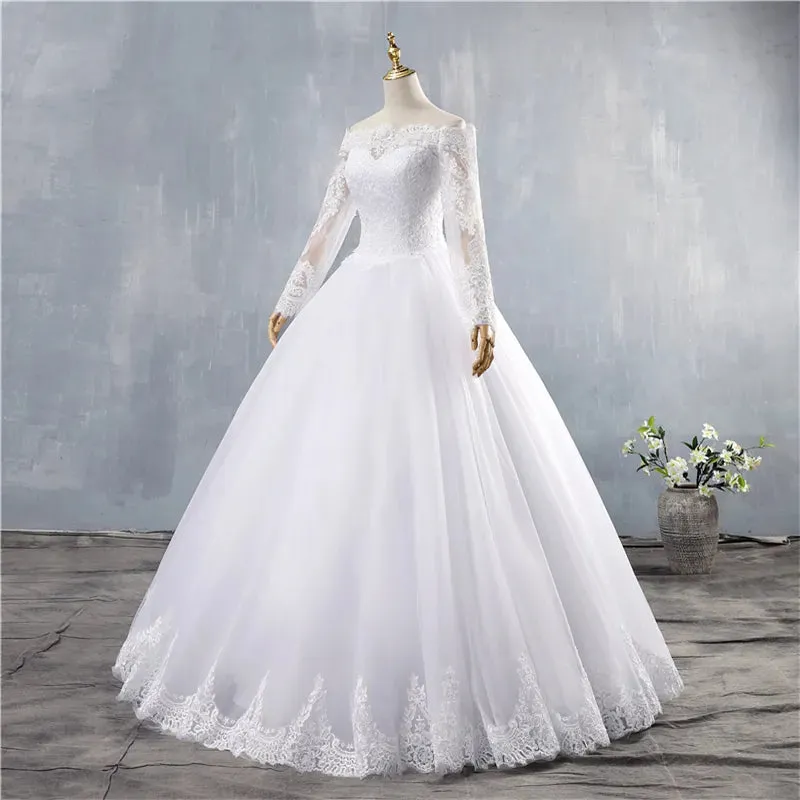 ZJ9151 Sexy High Quality Wedding Dress  Ball Gown Elegant White Ivory Long Sleeve Bride Dresses Lace Bottom