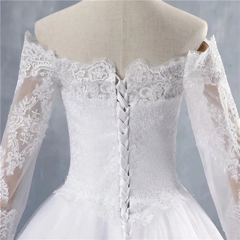 ZJ9151 Sexy High Quality Wedding Dress  Ball Gown Elegant White Ivory Long Sleeve Bride Dresses Lace Bottom