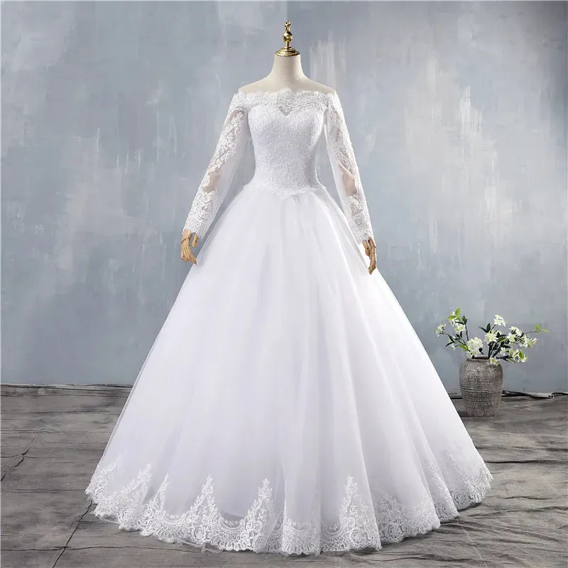 ZJ9151 Sexy High Quality Wedding Dress  Ball Gown Elegant White Ivory Long Sleeve Bride Dresses Lace Bottom